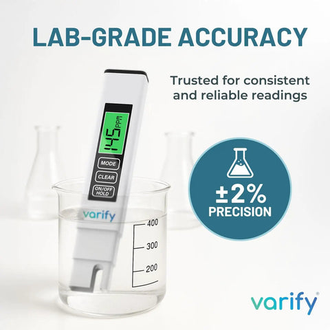 4-In-1 TDS Meter Digital Water Tester for drinking water showing 45 PPM reading in beaker, lab-grade accuracy, trusted results.