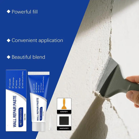 All In One Drywall Repair Kit With Scraper For Quick Patch Jobs 2026 Upgrade Quick Drying Wall Mending Paste For Holes And Cracks Multi Functional Wall Repair Paste For DIY Home Fix And Renovation, showing paste tube, scraper and sandpaper.