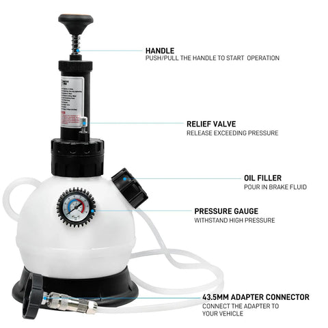 2L One Man Brake Bleeder Kit With 50.7mm Master Cylinder Adapter, Durable Plastic, showing handle, pressure gauge, and relief valve