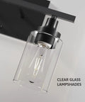 Close-up of a black metal wall sconce with clear glass lampshade, part of a 2 Light Black Industrial Bathroom Vanity Light Over Mirror Wall.