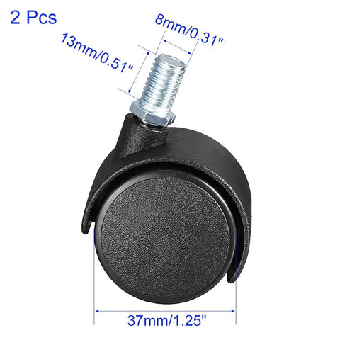 Smooth Gliding Black Nylon Twin Wheel Casters With Screw Mount Stem For Furniture Trolleys Cabinets Lockers Indoor Outdoor Built Tough Zero Noise Vibration Free Run No Fuss Installation Pack Of Two, showing one caster with dimensions.
