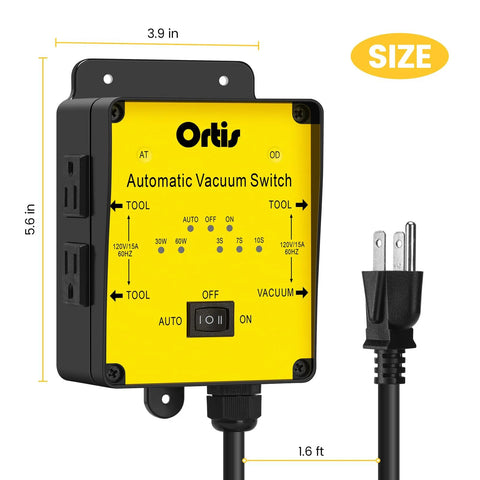Ortis Automatic Vacuum Switch in yellow enclosure; front view showing tool terminals and power plug