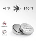 Premium CR2032 Lithium Button Coin Cell Batteries 10 Pack showing anti-leak design and temperature range from -4°F to 140°F.
