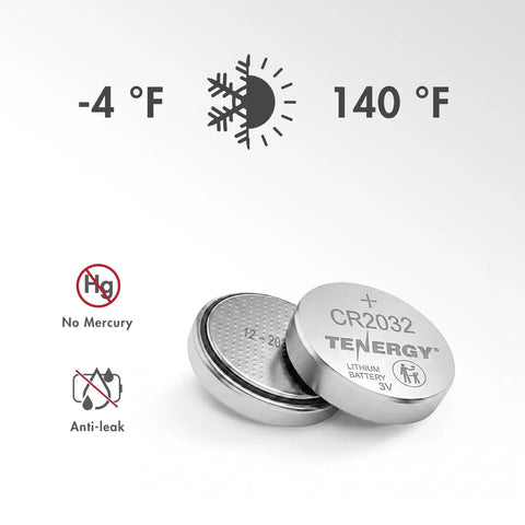 Premium CR2032 Lithium Button Coin Cell Batteries 10 Pack showing anti-leak design and temperature range from -4°F to 140°F.
