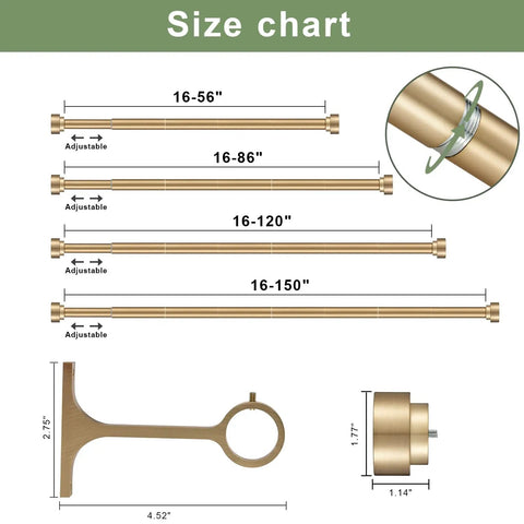 Size chart of Adjustable 16 To 56 Inch Curtain Rod Set With 1 Inch Diameter Telescoping Splicing Structure in warm gold finish.