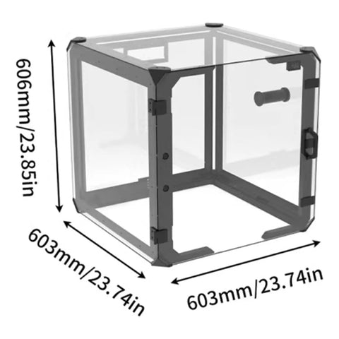 Rock Solid 24 Inch Clear Acrylic 3D Printer Enclosure with dimensions 606mm and 603mm for optimal dust protection and noise reduction.