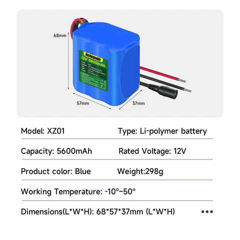 Image of a blue 5600mAh 12V lithium battery pack with charger and bare leads for 12V devices. Dimensions and specifications shown.