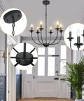 Black Farmhouse 6 Light Wrought Iron Chandelier Pendant Fixture view in foyer with detailed close-ups of design elements.