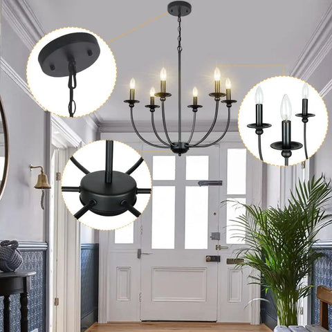 Black Farmhouse 6 Light Wrought Iron Chandelier Pendant Fixture view in foyer with detailed close-ups of design elements.