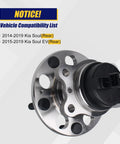 Fresh Rear Wheel Bearing And Hub Assembly Direct Fit For 2014 To 2019 Kia Soul And Soul EV Models showing compatibility details.