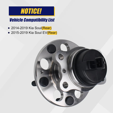 Fresh Rear Wheel Bearing And Hub Assembly Direct Fit For 2014 To 2019 Kia Soul And Soul EV Models showing compatibility details.