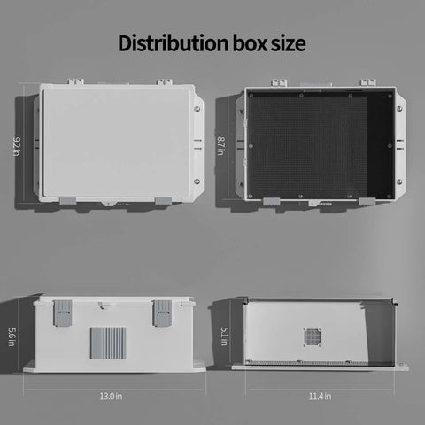 Rugged Outdoor Electrical Junction Box With Waterproof ABS Enclosure, dimensions 13 In H, 9.2 In L, 5.6 In W, shown from multiple angles.