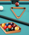 Two Tone Solid Wood Pool Ball Rack Triangle Or Diamond For 2 1/4 Inch Balls on green table, billiard setup