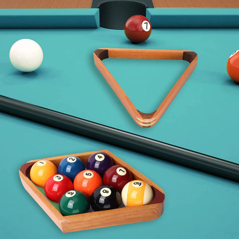 Two Tone Solid Wood Pool Ball Rack Triangle Or Diamond For 2 1/4 Inch Balls on green table, billiard setup