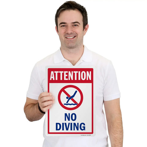 Attention No Diving Pool Sign 14 By 10 Inches Outdoor Aluminum With 40 Mil Lamination Rustproof Red Blue And White Made In USA held by person.