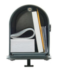 Interior view of the Edson Medium Capacity Galvanized Steel Post Mount Mailbox with mail and parcels inside, showcasing rust-proof build.