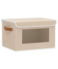 Large Fabric Storage Bin with Lid and Handle 17.7 by 11.8 by 11.8 Inches Clear Front Window Beige Organizer