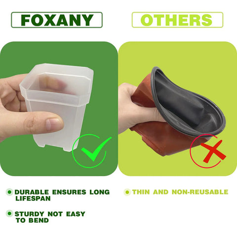 Comparison of clear 3 inch nursery pots with saucers, 30 pack thick plastic seedling planter pots, square shape, for durability.
