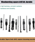 Square Hole Drill Bit Set For Woodworking, 7 Piece Mortising Chisel Bits shown vertically, steel material, different sizes visible.
