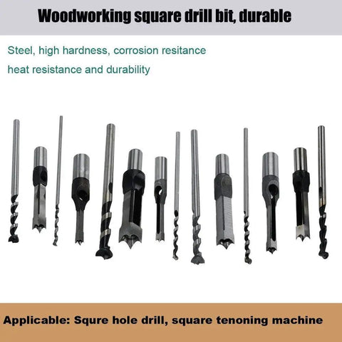 Square Hole Drill Bit Set For Woodworking, 7 Piece Mortising Chisel Bits shown vertically, steel material, different sizes visible.