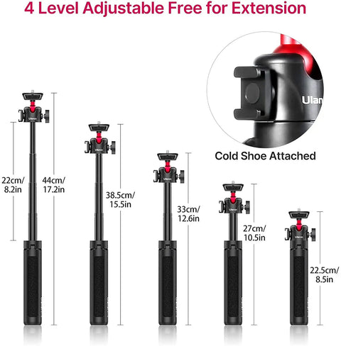 Two In One Mini Tripod Selfie Stick for iPhone and Camera Mount with adjustable heights and cold shoe attachment detail