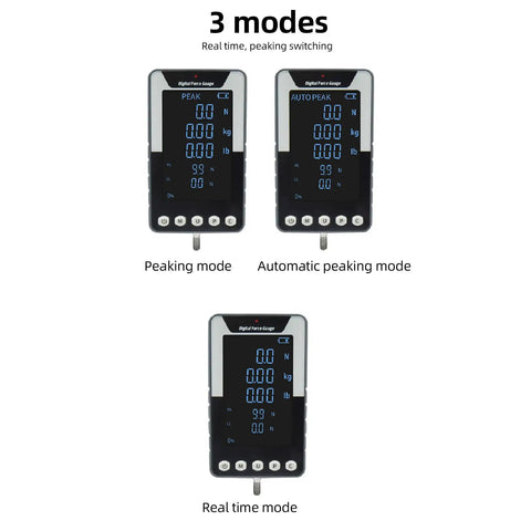 Ultra Compact 50N Digital Force Gauge With Three Modes And Color Flip Display, Switch Between N Kg Lb Units, 3.7V Battery, Data Output Software For Force Testing, Real Time And Peak Hold, Ideal For Lab And Workshop Use. front view showing peaking, auto peak and real time modes