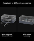 xTool P2 riser base for xTool P2 CO2 laser cutter; two configurations: automatic conveyor feeder and rotary accessory.