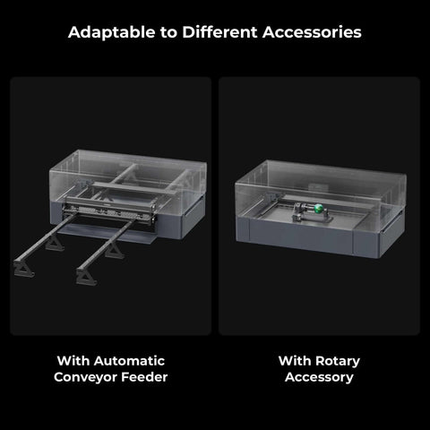 xTool P2 riser base for xTool P2 CO2 laser cutter; two configurations: automatic conveyor feeder and rotary accessory.