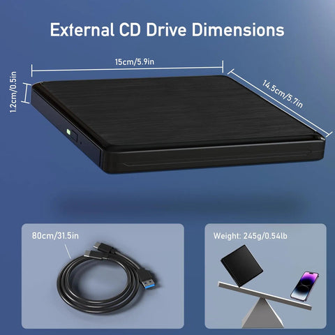 External CD And DVD Drive For Laptop With USB Connection And Extended 31.5 Inch Data Cable For Flexible Placement On Desk Or Shelf Plug And Play Portable Optical Drive For Easy Data Transfer, black 15cm x 14.5cm x 1.2cm