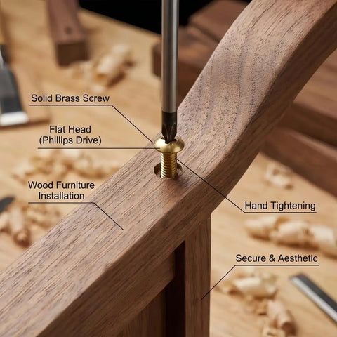 Premium M5 X 10mm Brass Phillips Pan Head Machine Screws in wood furniture installation with flat head for secure tightening.
