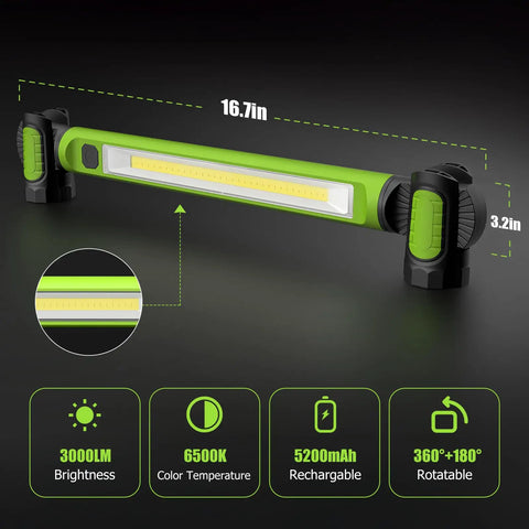Cordless Underhood Work Light With Magnetic Base, 3000 Lumen LED, 5200mAh Rechargeable Battery, USB Charge, 16.7in long