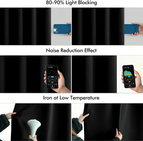 Two Panel Blackout Curtains 96 Inch Long for Living Room and Bedroom demonstrating light blocking, noise reduction, ironing
