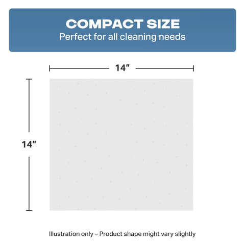 Dimensions illustration of Premium Cotton Shop Towels 250 Count Box 14x14 Lint Free Cleaning Rags for Auto Shop Garage Use.