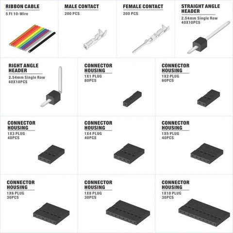 Components of Crazy Versatile 1550 Pieces Dupont Connector Kit With 2.54mm Pitch Includes Pin Headers Crimp Pins And Jumper Wires