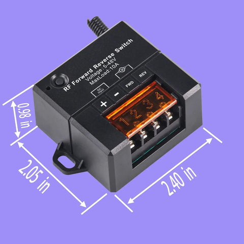 Wireless Forward Reverse Remote Switch For DC Motors And Linear Actuators 5V To 48V, 10A, black box with dimensions