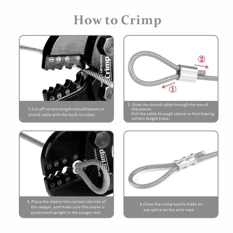 Step-by-step guide using All In One Wire Rope Swaging Tool with Built In Cutter for aluminum and copper sleeves, stop loops, and ferrules.