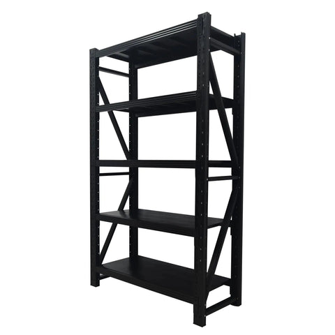 Heavy Duty Multi Tier Storage Rack And Adjustable Metal Shelving Unit For Garage Organization Built Tough With Rock Solid Modular Frame Quick No Sweat Setup, five tier black steel design.