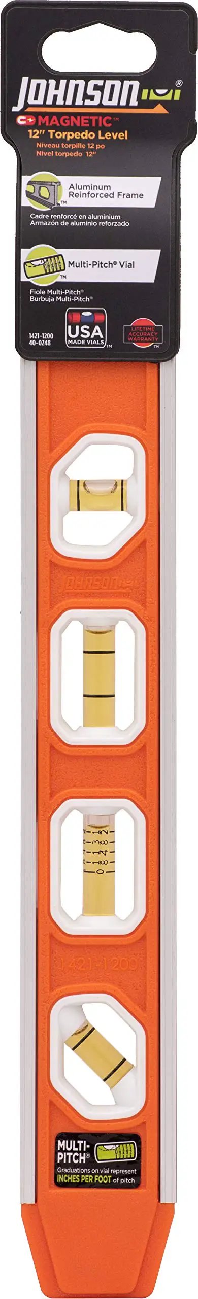 Magnetic Aluminum Reinforced Torpedo Level 12 Inch Red With Hands Free Magnetic Edge And Pro Grade Durability, showing four vials