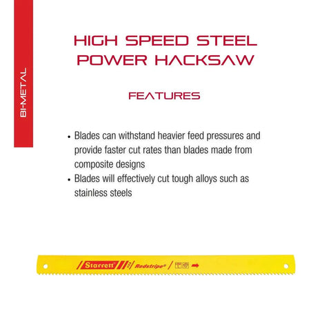 Redstripe Solid High Speed Steel Power Hacksaw Blade, 12 Inch Length, 1 Inch Wide, .050 Inch Thick, 14 Teeth Per Inch shown with features.