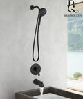 Dope Matte Black Tub Shower Faucet Set With Six Water Modes And Magnetic Handheld Valve Kit Designed For One Handed Use And Killer Water Pressure on a modern wall.