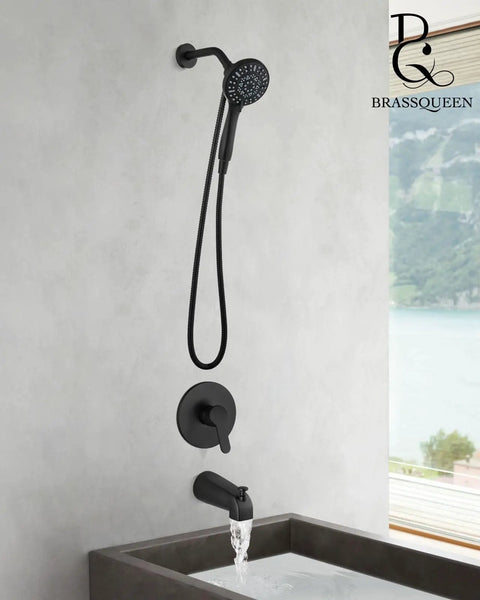 Dope Matte Black Tub Shower Faucet Set With Six Water Modes And Magnetic Handheld Valve Kit Designed For One Handed Use And Killer Water Pressure on a modern wall.