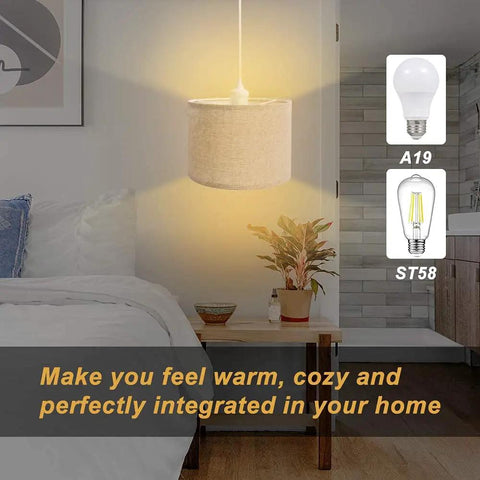 Plug In Pendant Light With 15 Ft Clear Cord Beige Linen Shade On Off Switch Hanging Ceiling Light For Bedroom Living Room Dining Area Cozy Vibe And Easy Height Adjustment illuminating a bedroom.