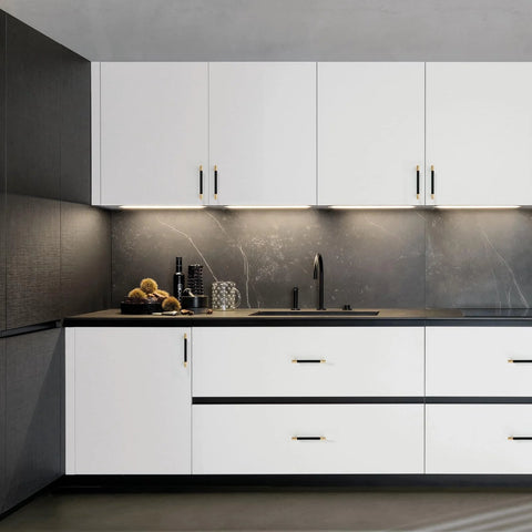 Modern kitchen with white cabinets featuring 10 Pack Black And Gold Knurled 5 Inch 128mm Hole Center Cabinet Handles installed