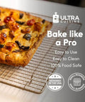 Heavy Duty Stainless Steel Cooling Racks Set Of 2 for Half Sheet Pans with baked focaccia, tight wire construction, oven safe.