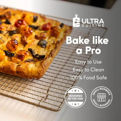 Heavy Duty Stainless Steel Cooling Racks Set Of 2 for Half Sheet Pans with baked focaccia, tight wire construction, oven safe.
