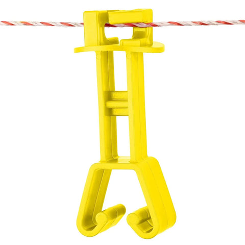 Electric Fence Shock Insulators 25 Pack For Chain Link Posts Extended Insulators For T Post And U Post Keeps Energy In Lets Wire Poly Wire Or Rope Free Run Yellow shown attached to a wire.