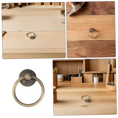 Image of Eight Piece Antique Metal Drop Ring Drawer Handles Set For Dressers And Cupboards With Screws Rustic Pulls.