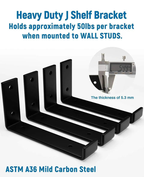 Heavy Duty Industrial Shelf Brackets Set For DIY Floating Shelves Black Coated Wall Shelf Supports 9.25 X 6 X 1.5 Inches Thick 4 Pack