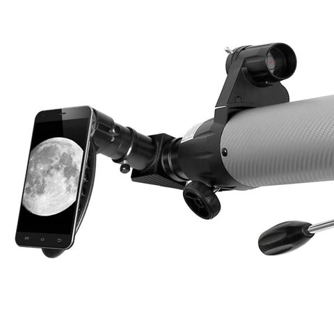 70mm Telescope With Phone Adapter Carbon Fiber Body Silver Finish For Epic Moon And Planet Views attached to smartphone