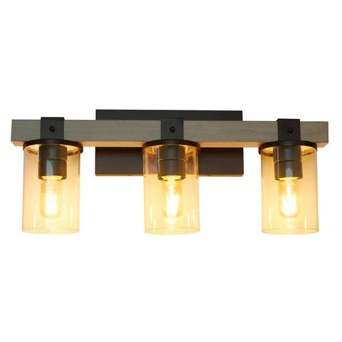Industrial Rustic Lantern Bath Vanity Light 3 Light Cool Gray Wood Look With Clear Glass Cylinders Uplight Or Downlight Mount Hardwired Espresso Brown Mounting Deck 40W Equivalent Bulbs